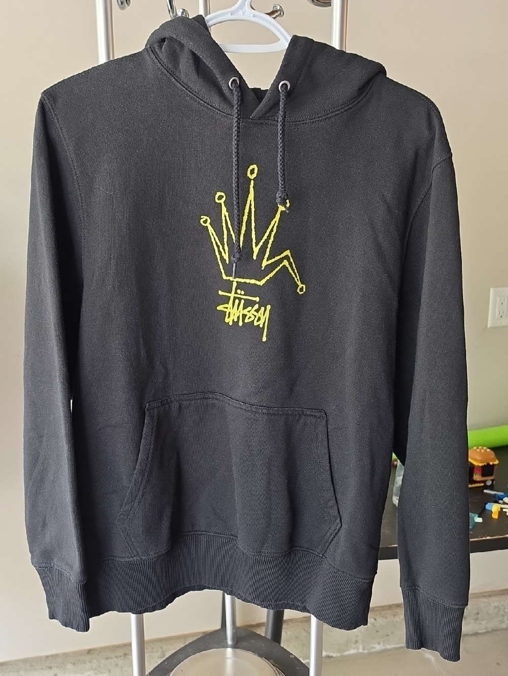 Stussy Black Hoodie with Neon Yellow Crown Graphic